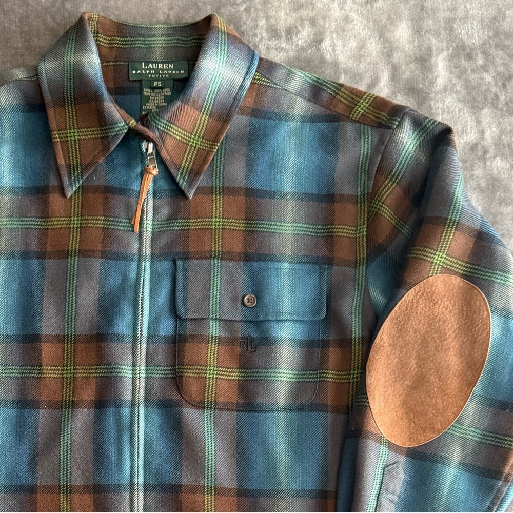 LRL Ralph Lauren Plaid 100% Wool Zip Up Jacket Leather Elbow Patch Size S Petite